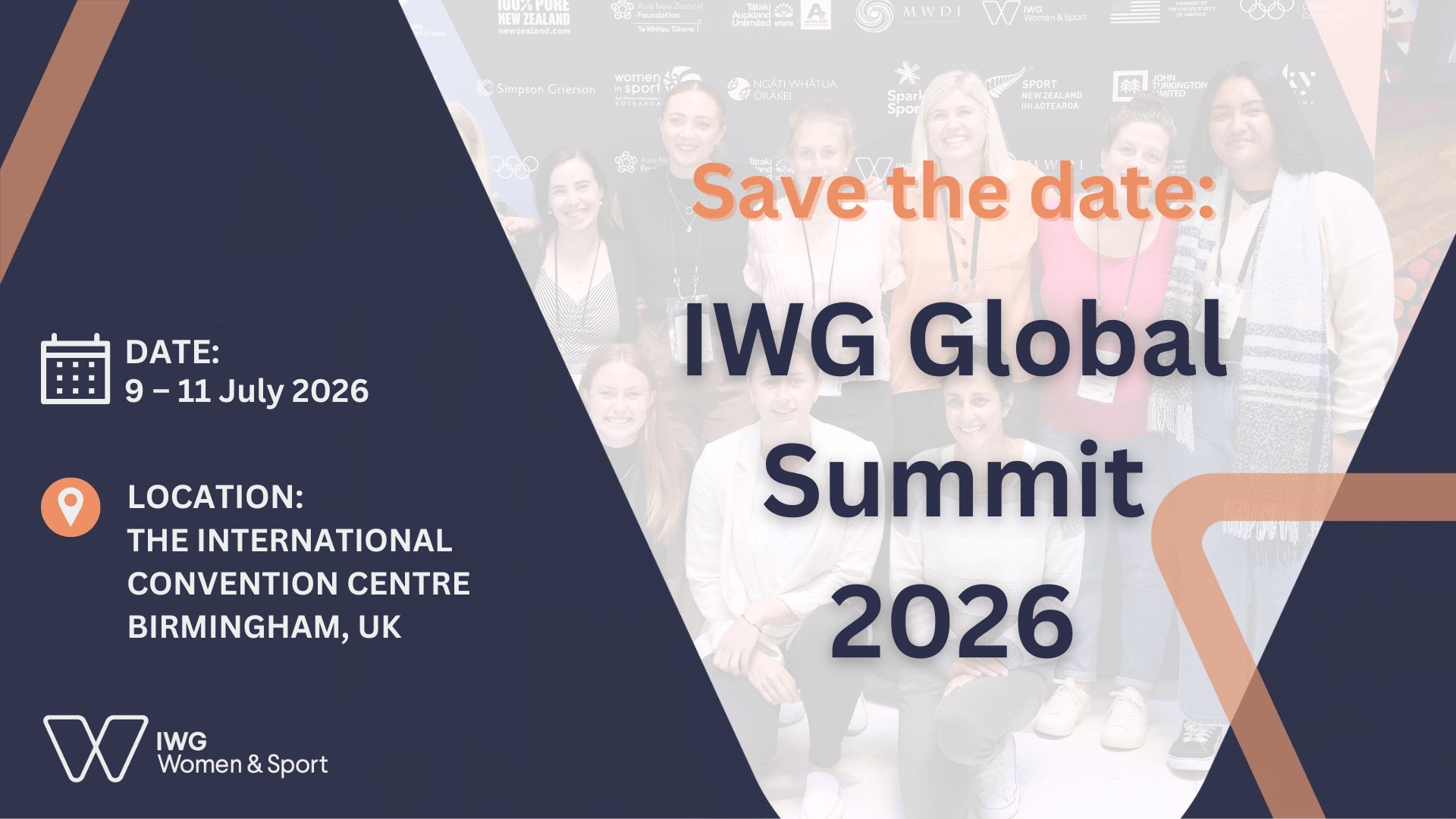 Save the date graphic in blue and orange for the IWG Global Summit, taking place from the 9 to the 11th July 2026 in Birmingham, UK