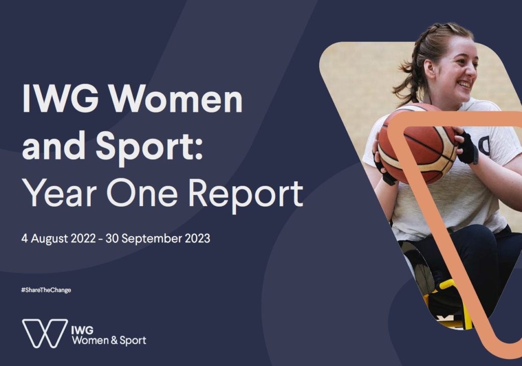 Cover image from the IWG Year One Report. Blue design with a photo of a woman wheelchair basketball athlete on the right, On the left, the text: 'IWG Women and Sport: Year One Report'