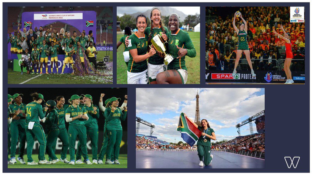 Photo collage of elite women athletes playing sports including netball and rugby