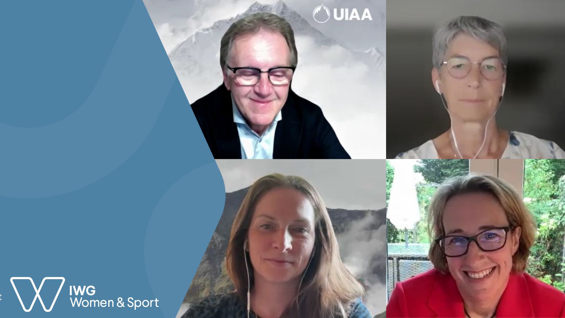 Four people on a video call for the signing of the Brighton Plus Helsinki Declaration, from the UIAA and IWG Women and Sport