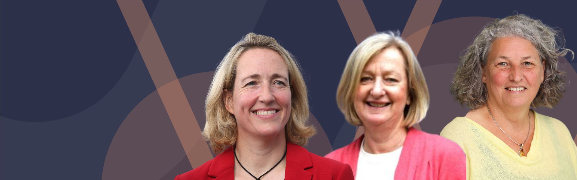 A blue graphic with the portrait head shots of three women superimposed over it. The women are Lisa O'Keefe MBE, Dr Anita White and Prof Elizabeth Pike