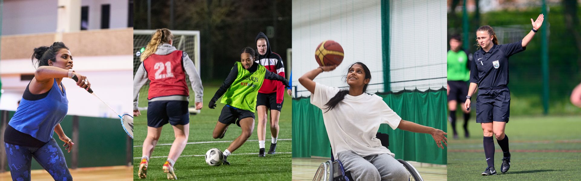 A collage of photos of women and girls playing different sports