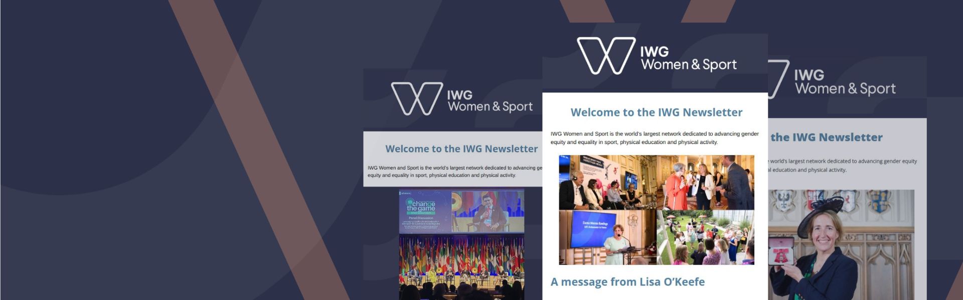 A blue graphic with screenshots of three issues of the IWG newsletter