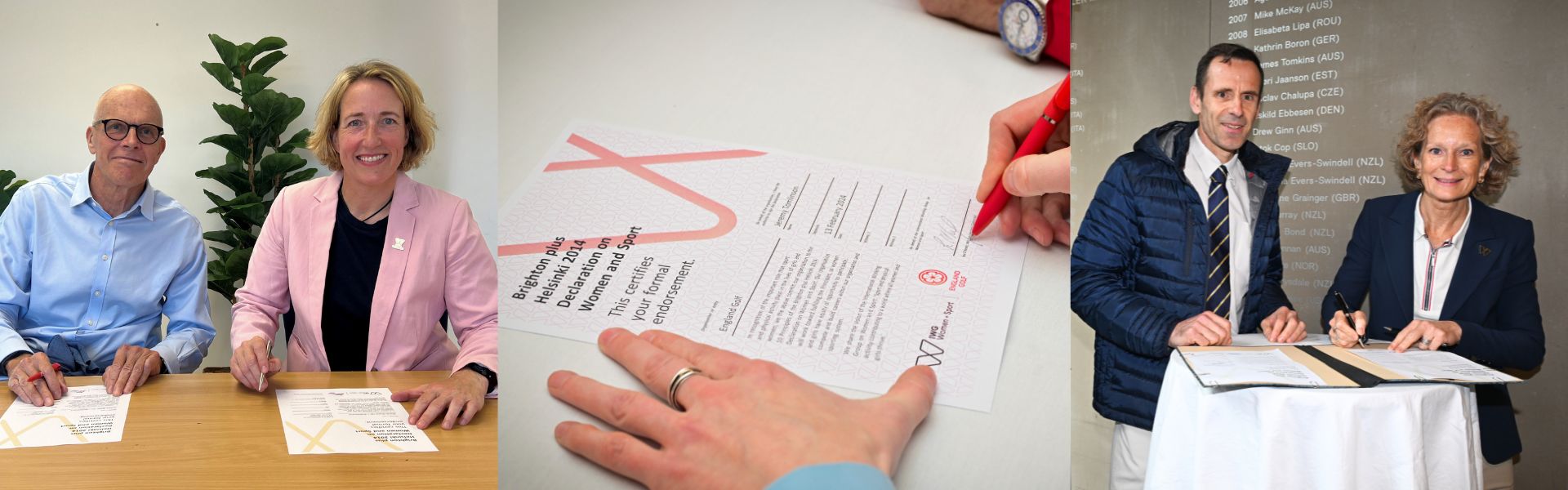 Three photos in a collage. Two are of two people signing the Brighton Plus Helsinki Declaration and smiling at the camera, and the photo in the middle is a detail of a hand signing the Declaration